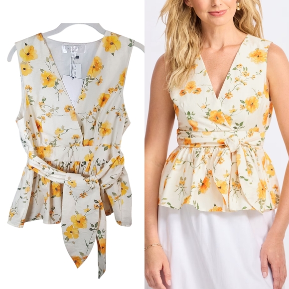 En Saison Tops - Essentielle En Saison Pia Floral Sleeveless Peplum Top Cotton Blend Large